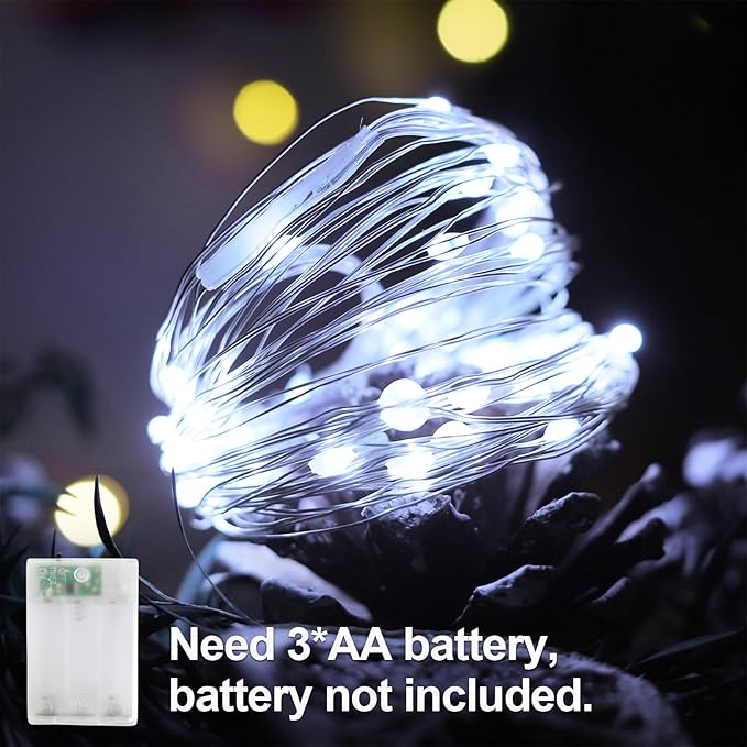 YAOZHOU Christmas Decorations Cool White Fairy String Lights, Battery Operated with Timer, 2 Pack Total 33FT 100 Led Mini Battery Powered Mason Jar Waterproof Firefly Lights DIY Party