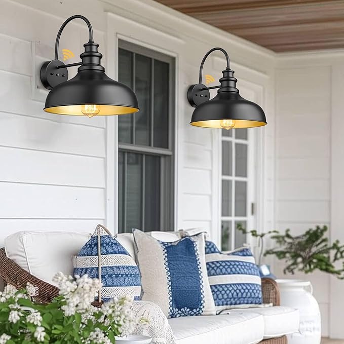 Bestshared Dusk to Dawn Outdoor Barn Light Anti-Rust Outdoor Wall Sconce Farmhouse Exterior Lighting Fixture Wall Lantern Lamp for Porch,Garage(Black+Gold, 2 Pack)