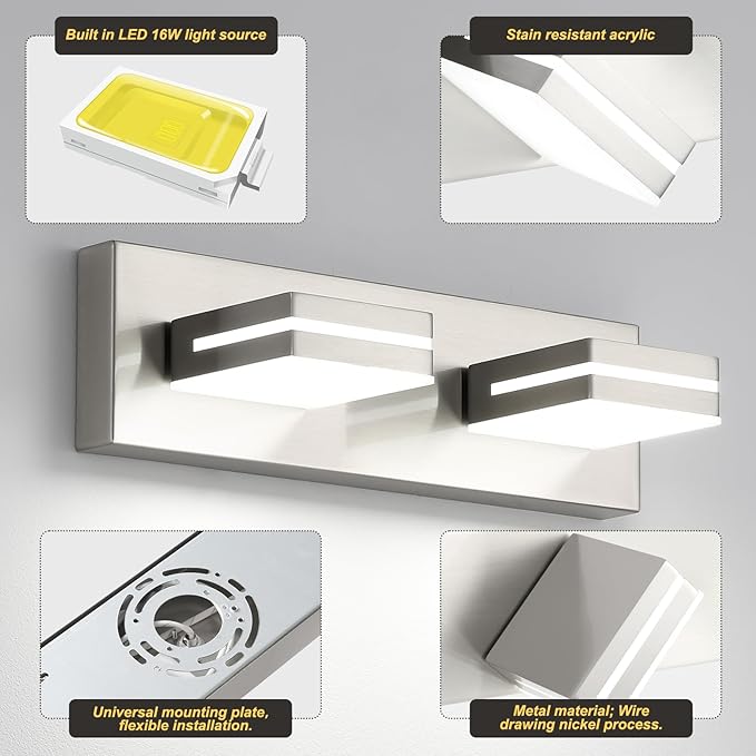 OKELI 2-Light Bathroom Vanity Light Fixture Brushed Nickel Modern Mirror Front Lamp for Bathroom, Stairs, Hallway Bedside Dimmable Cold White 24W ETL Listed, 350° Adjustable Lamp Head