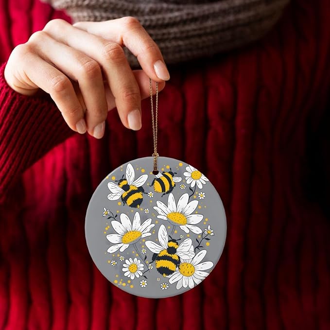 Daisy Flower Floral Bee Christmas Ornaments, Christmas Decorations Xmas Tree Hanging Ornaments, Round Ceramic Festive Keepsake Gift for Xmas Decorations Holiday Home Decor