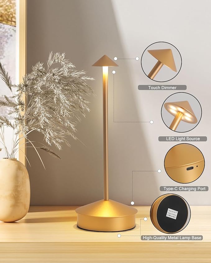2 Pack Aluminum Cordless Table Lamp, 6000mAh Rechargeable Table Lamps, Portable Touch LED Lamp, Outdoor Waterproof Dimmable Cordless Rechargeable Table Lamps for Restaurant/Patio- Black (1 Pcs Gold)
