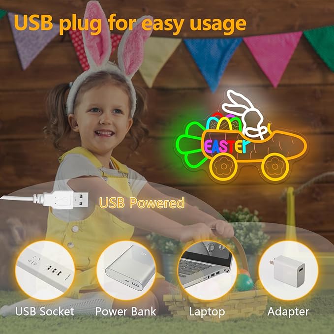 Easter Neon Sign Dimmable Easter Bunny Neon Light for Wall Decor Carrot Cart Light Up Sign LED Bunny Driving a Carrot Cart for Party Decoration