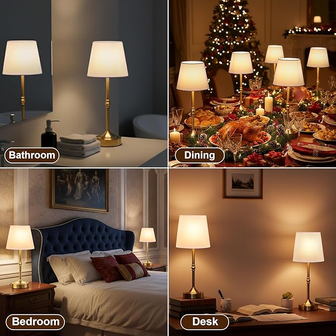 2 Pack Rechargeable Cordless Table Lamp, 5000mAh Battery Operated Lamps, Wireless 3-Level Dimmable Touch Lamp, Portable Night Bedside Brass Lamp, Desk Light for Patio Restaurant Dinnin (Gold)