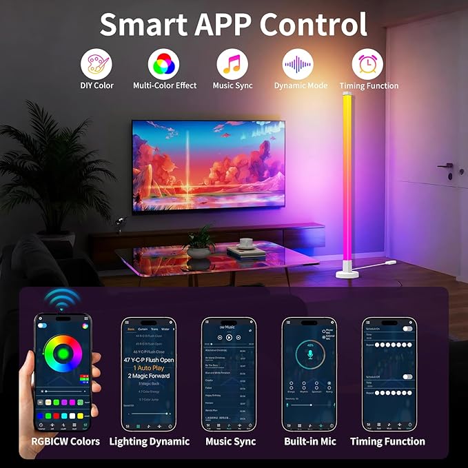 Smart RGB LED Corner Floor Lamp,16 Million DIY Colors & 200+ Scene, Music Sync, App & Remote Control,Color Changing Ambient Mood Lighting for Living Room, Bedroom, Gaming Room