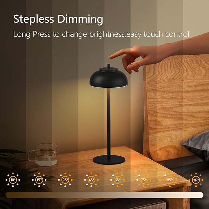 Cordless Table Lamps Rechargeable - 5000mAh Battery Operated Table Lamp, 3 Color Stepless Dimming Portable LED Table Light for Restaurant/Bedroom/Bars/Cafe/Outdoor/Camping(Black 2 Pack)