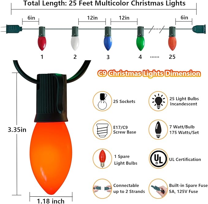 C9 Multicolor Vintage Christmas Lights, 25Ft with 25 Multicolor Ceramic Bulbs, Outdoor Christmas Lights for Patio, Roofline, Wedding, Party Decorations