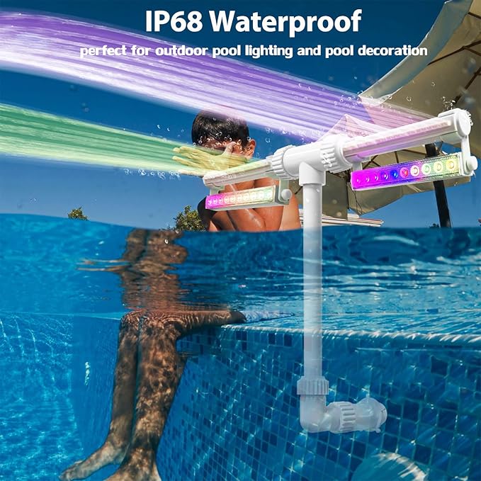 Solar Pool Fountain with Lights, 7 Color Changing Pool Light with Remote & Timer, Dimmable Dual-Head Adjustable Pool Sprinkler Waterfall Fountain, Pool Decor for Above-Ground In-Ground Pools (Solar)