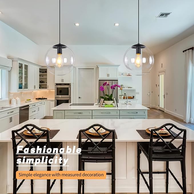 KoKo&Yukina 8 inch Globe Pendant Lighting for Kitchen Island Mid Century Modern Hanging Light Fixture with Clear Globe Glass Black Industrial Hanging Ceiling Lights for Bathroom Entryway (Bulb Incl.)