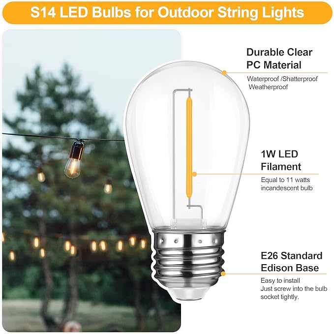 Mlambert LED String Light Bulbs,Shatterproof Outdoor String S14 Replacement Light Bulb,Waterproof 1W LED Edison Bulb Equal to 11W,Warm White,Not Solar