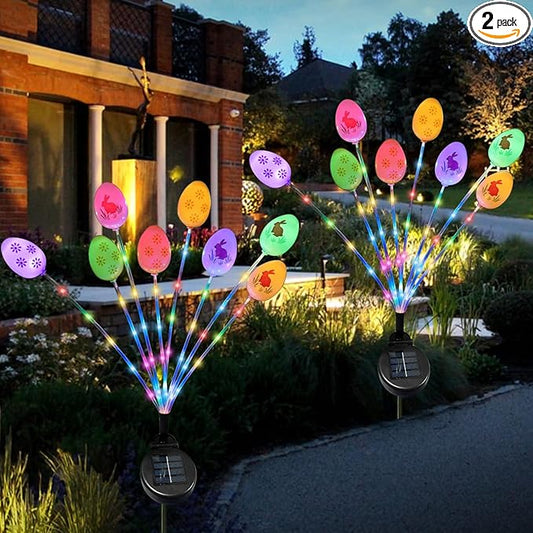 2 Pack Solar Easter Egg Light Outdoor Garden Pathway Solar Stake Light Colorful Eggs Swaying Firefly Light Waterproof Spring Yard Lawn Decor