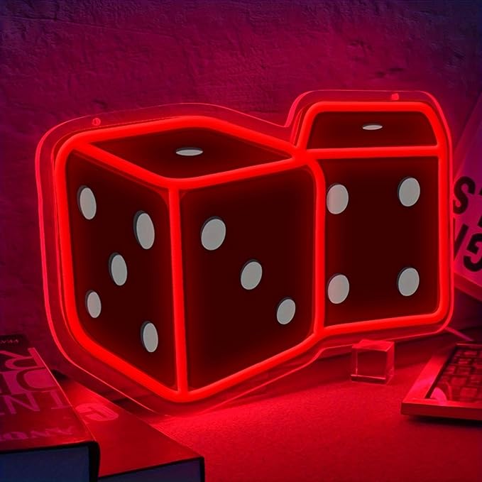 Dice Neon Sign – 14.57″ × 9.45″ Adjustable Brightness Neon Signs for Wall Decor – Red LED Wall Light for Bedroom, Bar, Game Room, and Home Decoration
