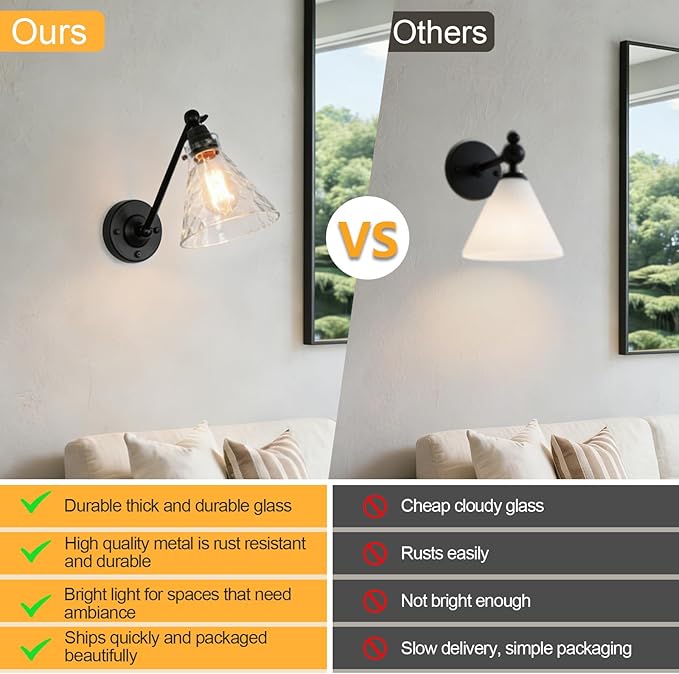 Industrial Vintage Slope Pole Wall Mount Single Sconce with Funnel Flared Clear Glass Shade, Swing Arm Wall Sconce Light Lamp Fixture Hardwired