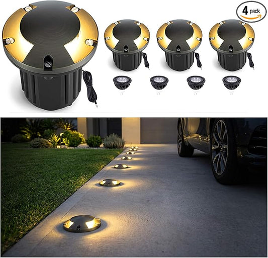 Gardenreet Outdoor Low Voltage Well Lights - Brass Replaceable Bulb 12V In-Ground Lighting, LED Low Voltage Turret Top Fixture, Antique Bronze for House Backyard Patio with 2700K Warm White MR16 Bulb