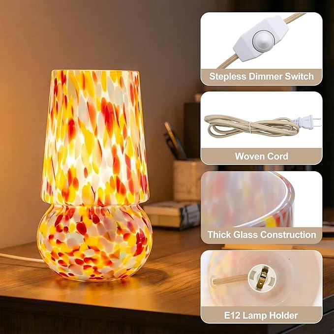 9.8 Inch Mushroom Table Lamp, UL Listed Dimmable Small Desk & Bedside Lamp with Woven Beige Cord, Handcrafted Pattern, Murano Home Decor for Bedroom, Living Room, Entryway (Pastel Confetti)