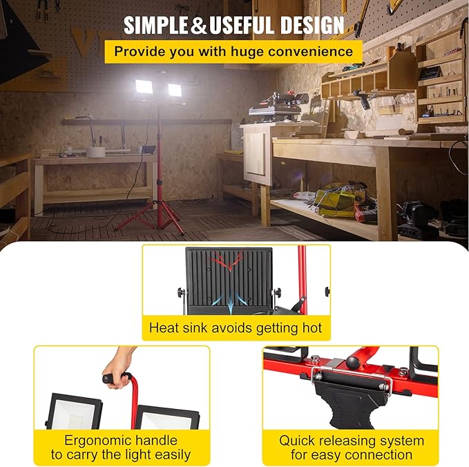 VEVOR LED Work Light with Stand, 20000 Lumen Dual-head LED Work Light with 27.6"-68.1" Adjustable and Foldable Tripod Stand, IP65 Waterproofed LED Tripod Work Light, with 5000 Kelvin Color Temperature