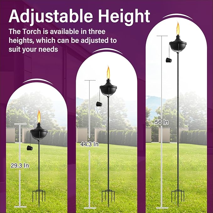 Home Garden Torch Set of 2, Outdoor Metal Torches with 5-Prong Grounded Stake, 56-Inch Adjustable Citronella Torches, 23.5 oz Metal Light for Patio, Pathway, Party (Ultra-Stable Design)