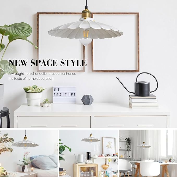 Hanging Lamp Plug in White 15.7 Inch Metal Lampshade Pendant Light Adjustable Cord Pendant Light Plug in Industrial Hanging Lights Farmhouse