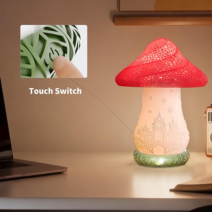 Mushroom Lamp for Bedroom - 360° Rotating Table Lamp with USB C Charging, Touch Control 3 Color Temperatures Bedside Lamp for Nightstand, Home Decor