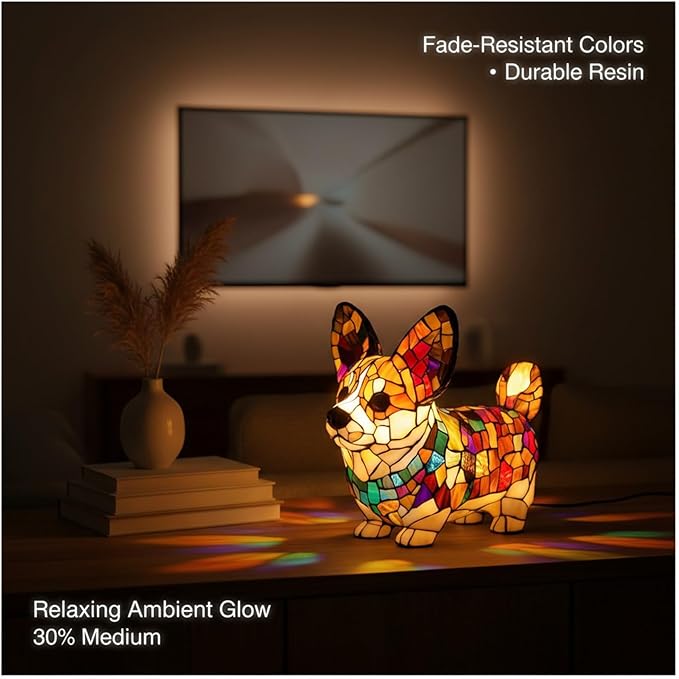 Rainbow Puppy Lamp Stained Glass Dog Night Light 3D Retro Stained Resin Rainbow Pup Lights Charge Powered Table Lamp Puppy Glow Lamps for Home Bedroom Desk (E)