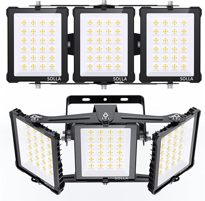 SOLLA 300W 2025 Plus New Upgraded LED Outdoor Flood Light, 30000LM 6000K Daylight White IP66 Waterproof, Stadium Lights, 3 Heads Outdoor Floodlight Security Lights for Yards, Patios, Street(2 Pack)