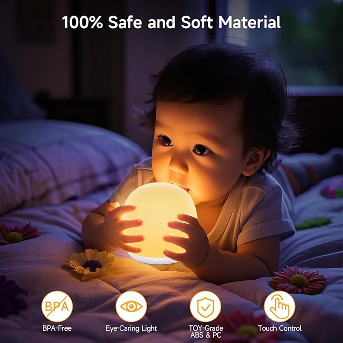 Baby Night Light, Nursery Night Lamp with 8 RGB Colors Changing, Soft BPA Free Silicone Touch Night Light for Kids Room Breastfeeding, 1h Timer, Rechargeable & Stepless Dimming