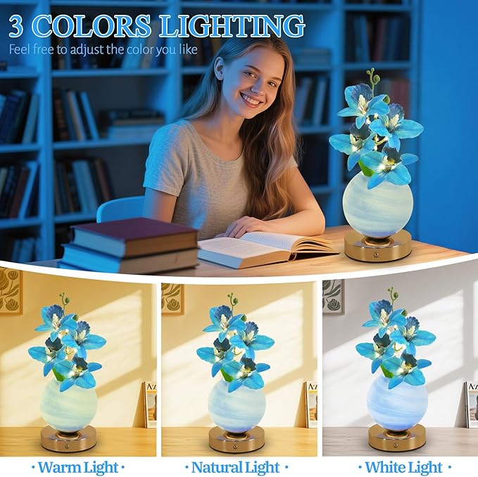 Flower Table Lamp, 3 Colors Orchid Night Light, Cordless Touch Dimming Artificial Flower with Vase Lamp, LED Desktop Decorative Landscape Lights for Festival Party Home Decor (Blue Orchid)