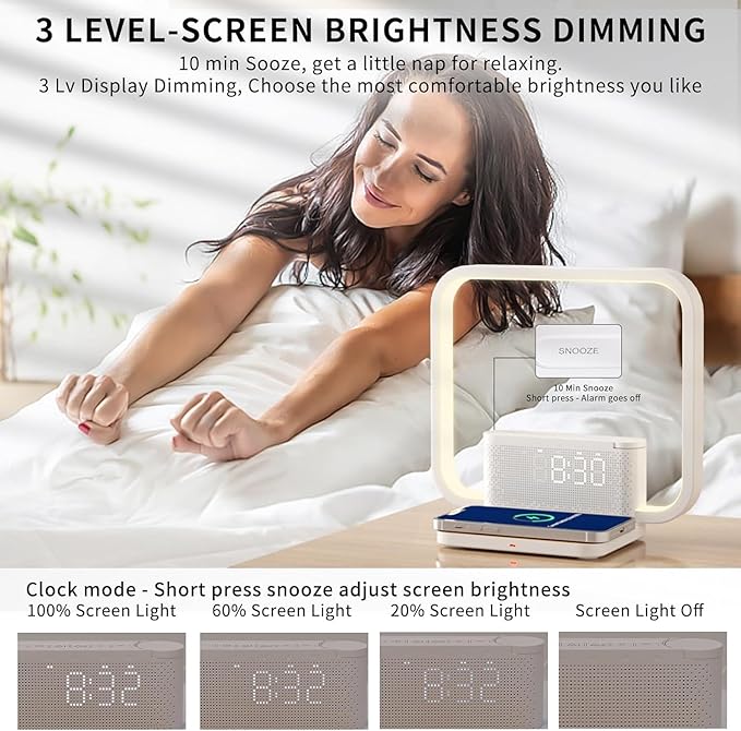 Sunrise Alarm Clock for Heavy Sleepers,Touch Lamps for Nightstand with Wireless Charger Station for iPhone/Samsung,Sound Machine,Wake Up Light with Snooze/Timer/10 Natural Sounds/3 Dimmable