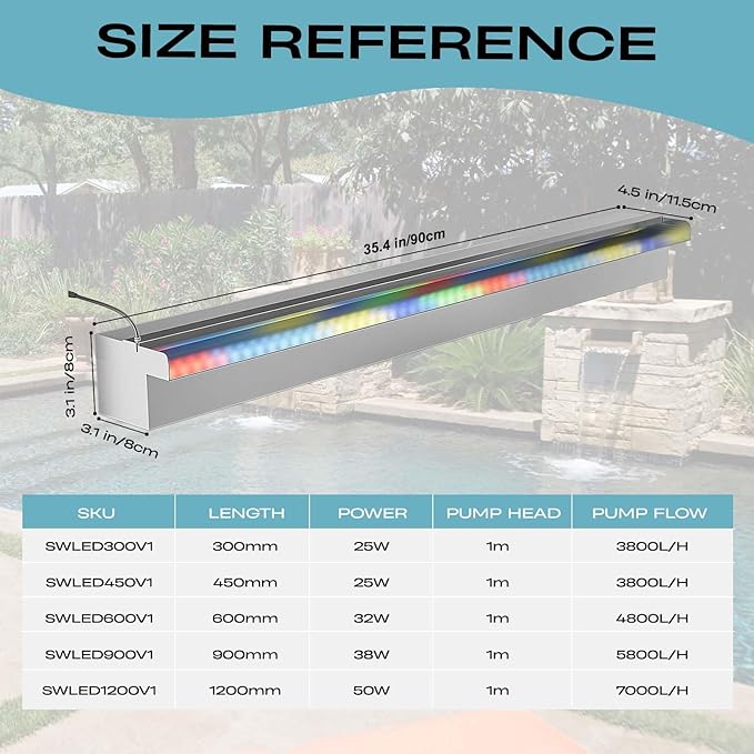 Pool Fountain Stainless Steel Waterfall with LED Lights - 35.4" LED Strip Remote Control with 18 Colors, Smooth Water Flow & Cascade Blade, Easy Installation for Outdoor, Garden, Patio & Ponds