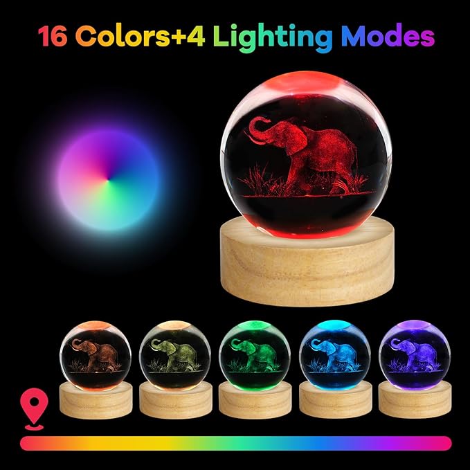 3D Elephant Engraved Crystal Ball Night Light 2.4in Figurines Decor Table Lamp With 16 Colors Change Remote Control for Birthday Christmas Gifts for Women Friends Kids Teen