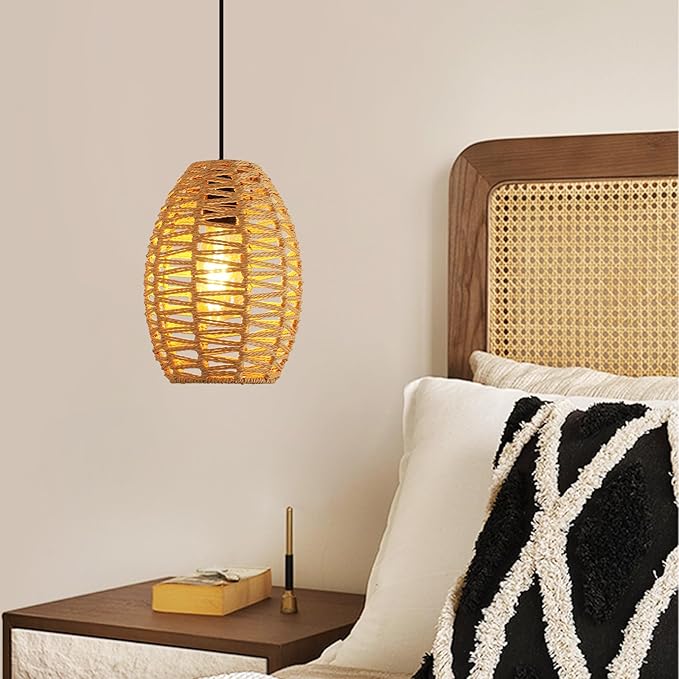 DELIPOP Pendant Light, Hand-Woven Rattan Chandelier, Boho Hanging Light with Adjustable Cord 4.9ft for Living Room, Dining Room, Kitchen, Bedroom (Black & Brown)