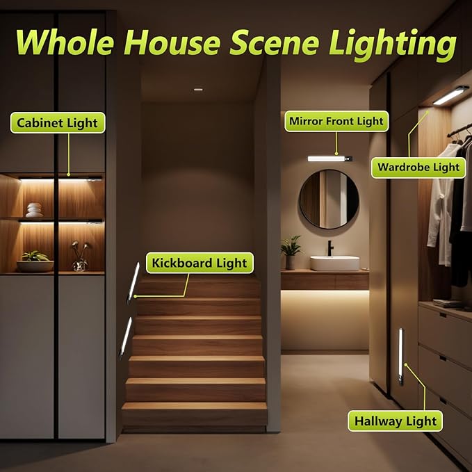 6 Pack 12" Under Cabinet Lights with Digital Display,2200mAh Rechargeable Motion Sensor Light Indoor,3 Color Temperatures, Magnetic Dimmable Closet Lights, Under Counter Light for Kitchen