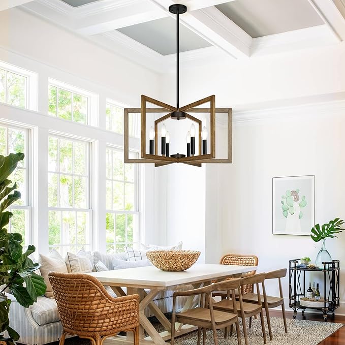 25" Retro Wood Texture Chandelier for Dining Room, No Assembly Required Dining Room Light Fixture Over Table, Industrial Metal Hanging Pendant Lights Fixture for Kitchen Island, Entryway, Foyer