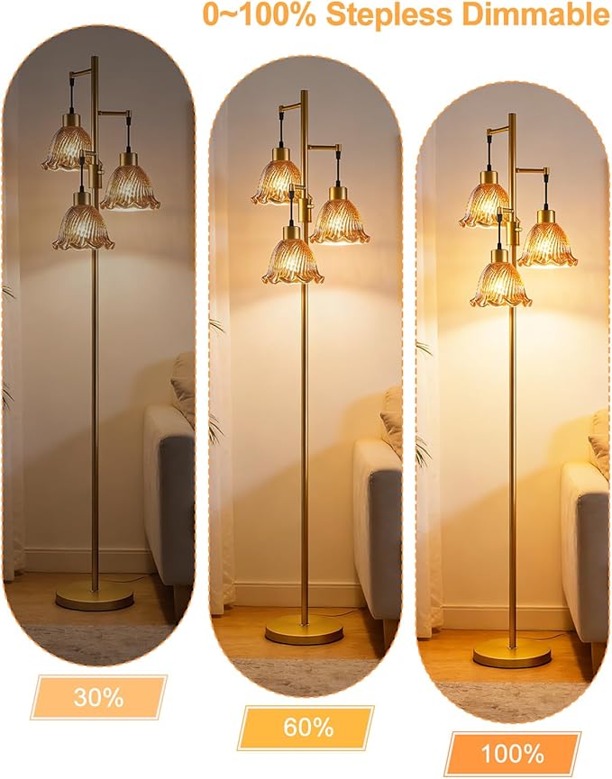 Glass Floor Lamps for Living Room, 3-Light Gold Dimmable Floor Lamp with Brown Glass Shade& Bulbs Included, Mid Century Standing Tall Lamp for Bedroom/Sofa Beside/Corner Decor