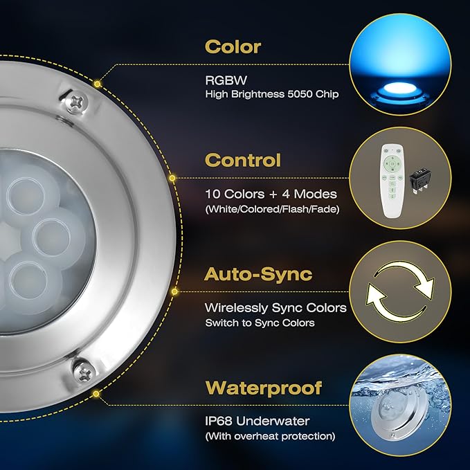 Goldlife 6,000LM Marine Underwater LED Light for Boat, B4-1 RGBW w/RF Remoter, 4.3" 60W DC10-30V 6LED, Dimmable Color-Changing IP68 Submersible Yacht Transom Pontoon Light Surface Mount 316 Stainless