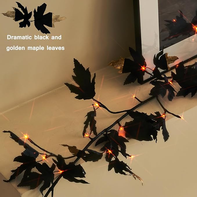 Hairui Lighted Black Maple Garland with Timer 48 LED Orange and Warm White Fairy Lights, Halloween Garland with Lights 6FT Battery Operated with 10 Functions for Fireplace Table Halloween Decoration