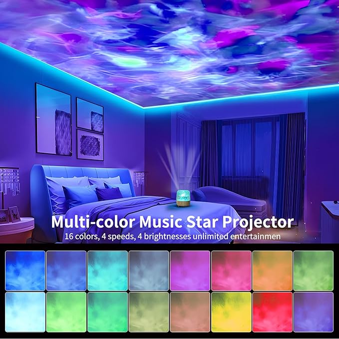 Galaxy Projector Light, Ocean Wave Projector Light with Bluetooth Speaker, 16 Colors Mushroom Lamp with Remote Control, Star Projector Cordless for Kids, Room Decor, Bedroom, Party, Gift