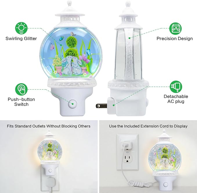 Bunny Night Light Plug-in, Spring Nightlight with Swirling Glitter, Soothing Light Helps Kids Sleep, Rabbit Easter Night Light with USB Cord for Bedroom Nursery Decor Gift