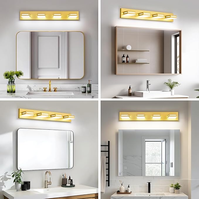 30-Inch 4-Light LED Modern Gold Bathroom Vanity Light Fixtures Over Mirror, Bathroom Lighting Fixtures with Cool White 6000K, Vanity Wall Lights for Bath Restroom Powder Room