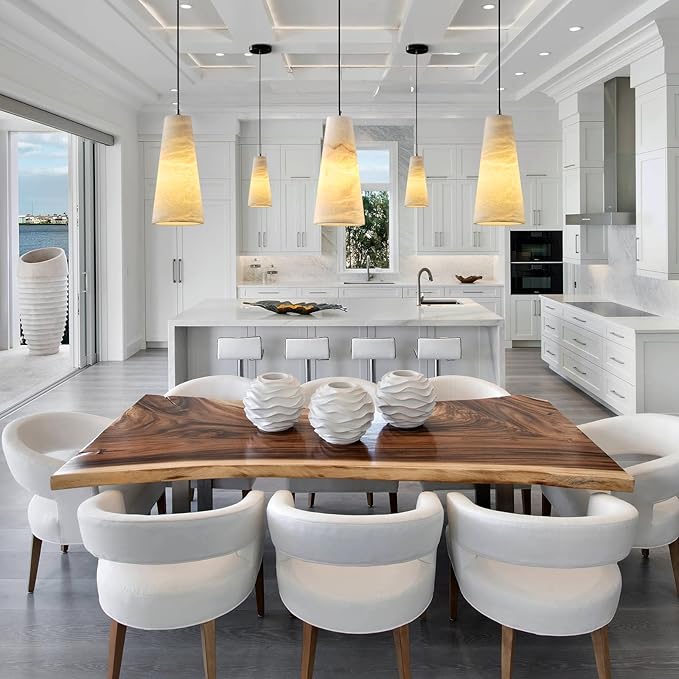 Alabaster Pendant Lights Kitchen Island,White Pendant Light, Marble Shade Black Cone Lighting Fixtures for Bedroom Bathroom Dining Room Living Room H-10in (Bulbs INCL)