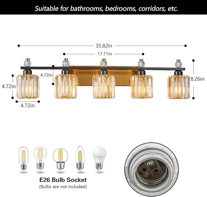 Bathroom Vanity Lights 5-Light Black Gold Modern Crystal Vanity Light Fixtures Over Mirror Crystal Bathroom Vanity Lighting Fixtures