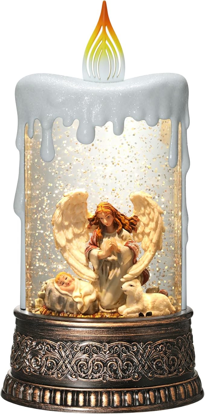 Angel Christmas Snow Globe Lantern, Nativity Lighted Christmas Decorations for Home Candle Shaped Snow Lantern with Music Timer Glittering, Home Decor Festival Gife, USB & Battery Operated