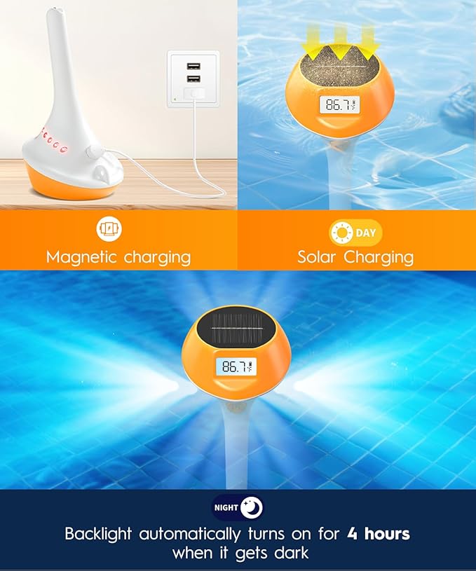 Solar Pool Lights for Inground Above Ground Pool, 22-Color 5-Mode, IP68 Waterproof Floating Pool Lights with Backlit Display, Magnetic Charging and Thermometer for Swimming Pool, Ponds, Tub, Spa