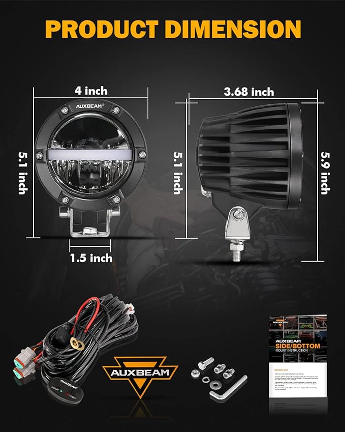 Auxbeam 4 Inch 110W Round Offroad Lights, Amber DRL Design 11000LM LED Light Pods, Super Bright 7035 SMD LED Work Driving Fog Light with DT Wiring Harness Kit for Truck Jeep Pickup SUV ATV UTV, 2 PCS