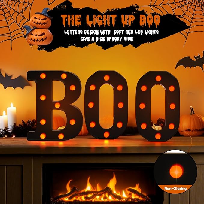 Halloween Decor,3 LED Light Up Marquee Letters Boo Sign,Cute Fall Halloween Decorations for Party,Tabletop,Mantel,Kitchen,Bathroom,Bedroom,Desk,Window,Porch,Office,Wall,Fireplace,Home,Indoor,Outdoor