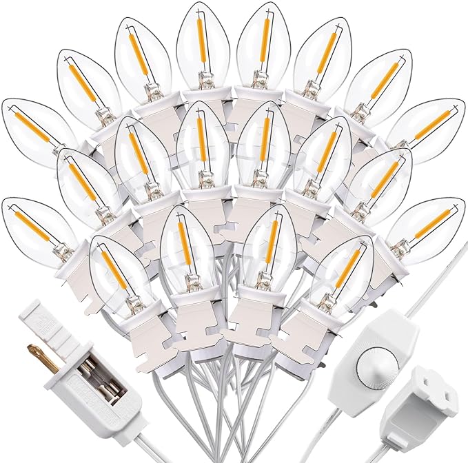 Leelosp 1 Pack Accessory Cord with 20 LED Light Bulbs 36.1 FT Lamp White Cord C7 Bulb String Lights Adjustable Brightness End-to-End Connectable Switch for Christmas Village