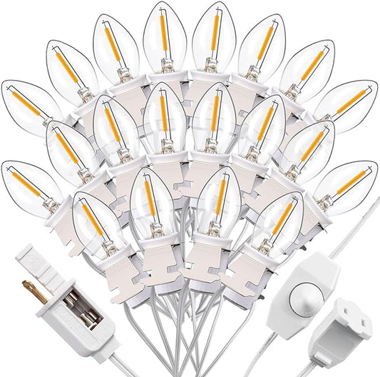 Leelosp 1 Pack Accessory Cord with 20 LED Light Bulbs 36.1 FT Lamp White Cord C7 Bulb String Lights Adjustable Brightness End-to-End Connectable Switch for Christmas Village