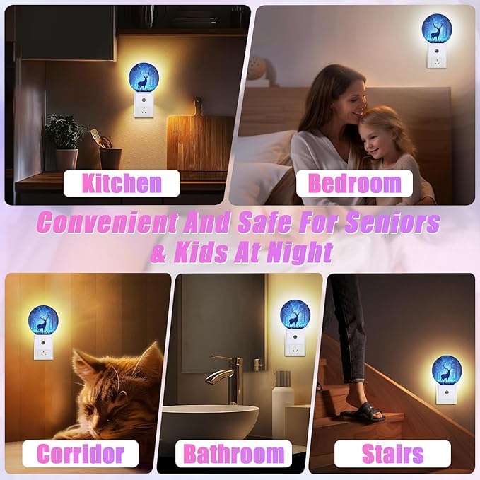 Deer Pine Tree Night Light Foggy Forest Night Lights LED Lamp Round Plug into Wall Nightlight with Dusk to Dawn Sensor Home Hallway Stairway Kitchen Decor