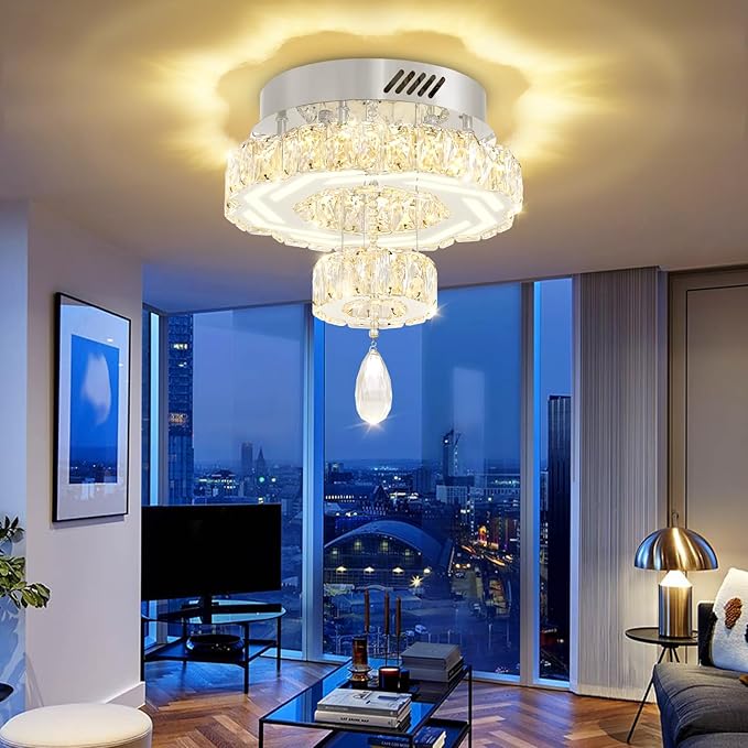 Flashing God 12" Modern Crystal Chandeliers Silver Flush Mount Ceiling Chandelier Mini Chandelier for Hallway LED Dimmable Crystal Pendant Light for Dining Room Living Room Bedroom