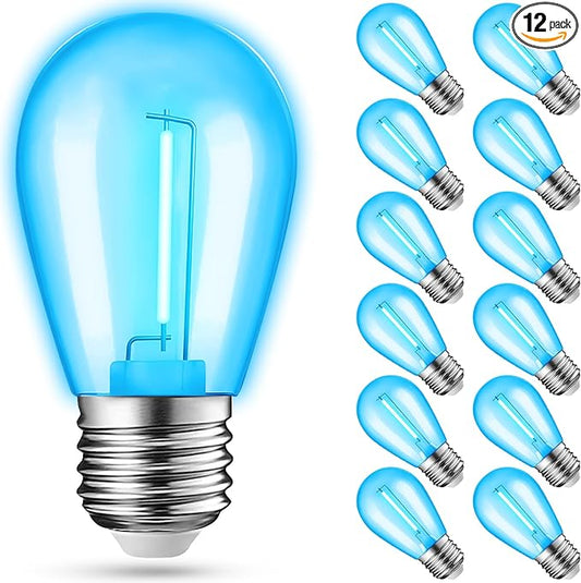 12-Pack Blue String Light Bulbs, Patio String Light Replacement Bulbs for Outdoor Indoor, 1W E26 Base S14 LED Colored Light Bulbs for Christmas Halloween,Holiday,Home Decor