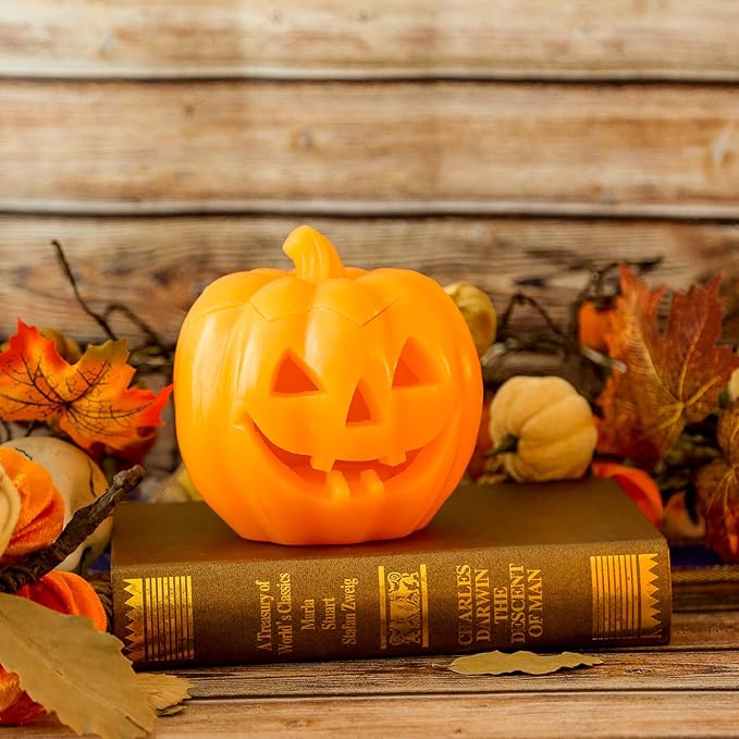 Halloween Smile Lighted Pumpkin with 10-Key Remote, Pumpkin Shaped Flameless Real Wax Flickering Candle with Timer for Home Table Centerpiece Decoration